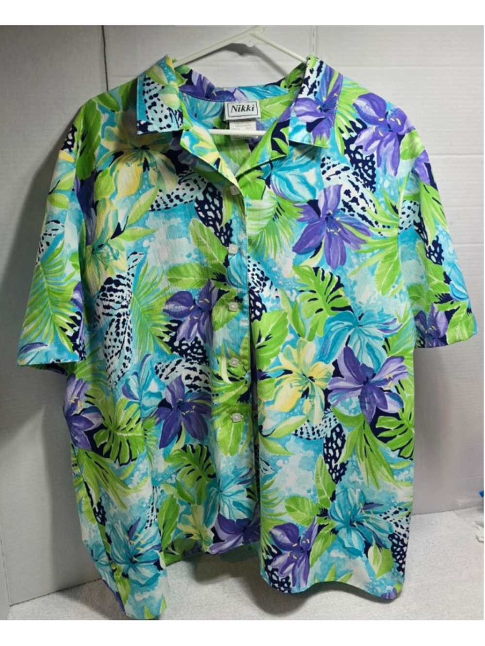 Women's Nikki Plus Size 3X Floral Button Down Shirt Green Blue